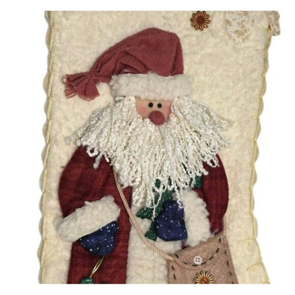 Handmade Santa Claus Christmas Stocking Rustic Folk Art Country Sherpa Felt - Picture 2 of 4